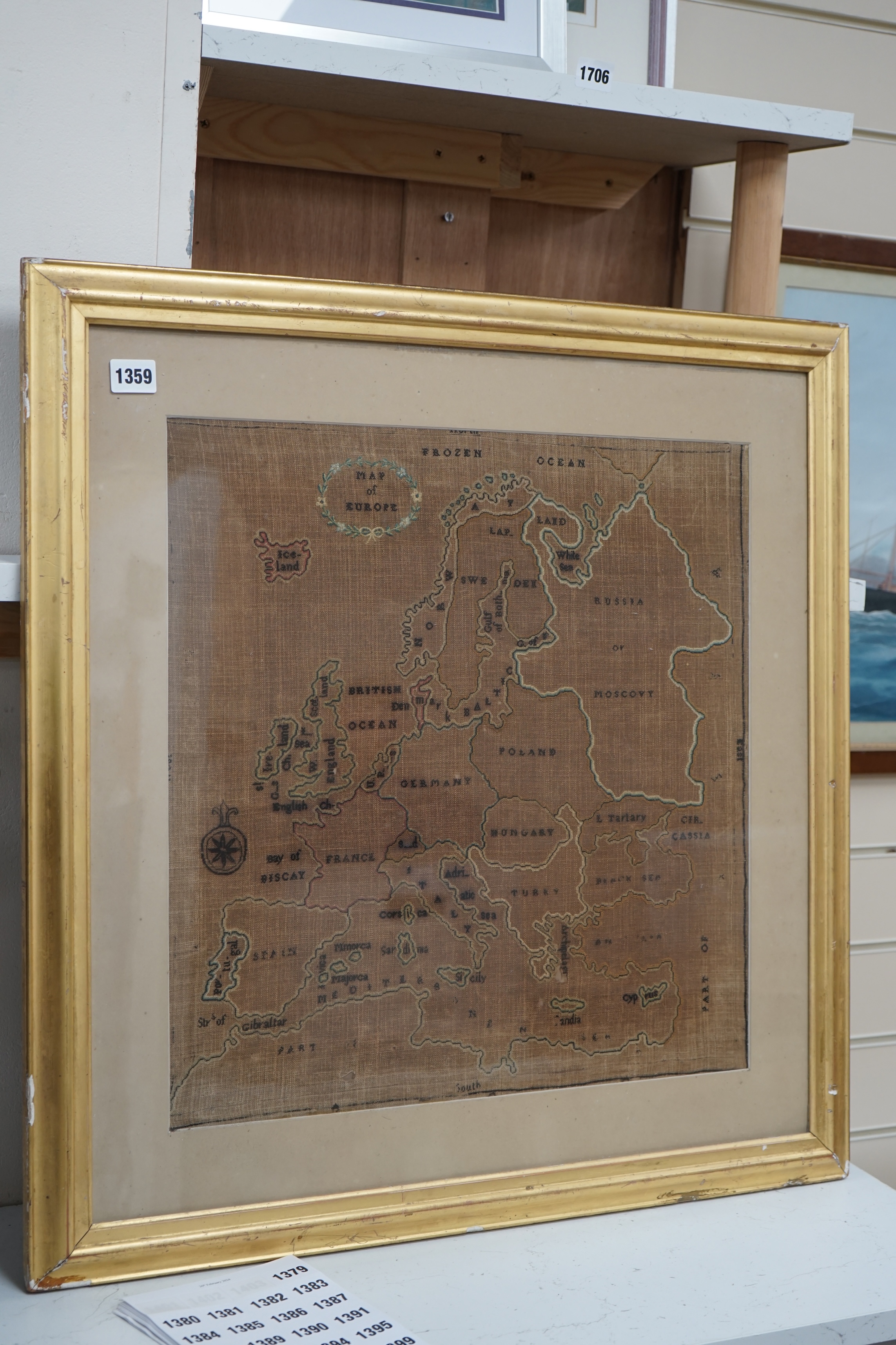 A late 19th century map sampler of Europe, linen backing discoloured by the light and sun, 46cm wide, 47.5cm high. Condition - fair, discolouration and staining